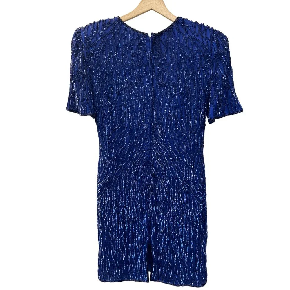 Laurence Kazar Vintage 80's Royal Blue Silk Sequin Cocktail Dress and Purse - Picture 6 of 11